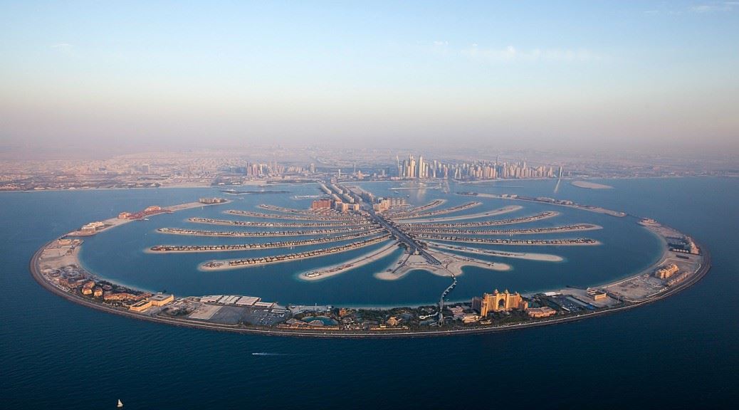 Palm Jumeirah complete view form the sky in Dubai UAE